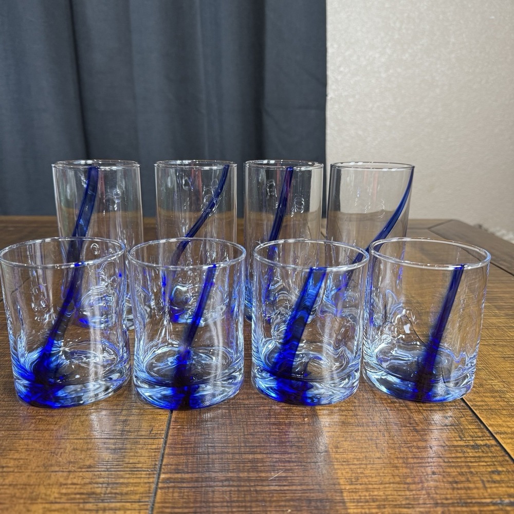 Vtg Libbey Crisa Blue Swirl Dimpled Glass  4-Highball 6" & 4- Rocks Cocktail 4"